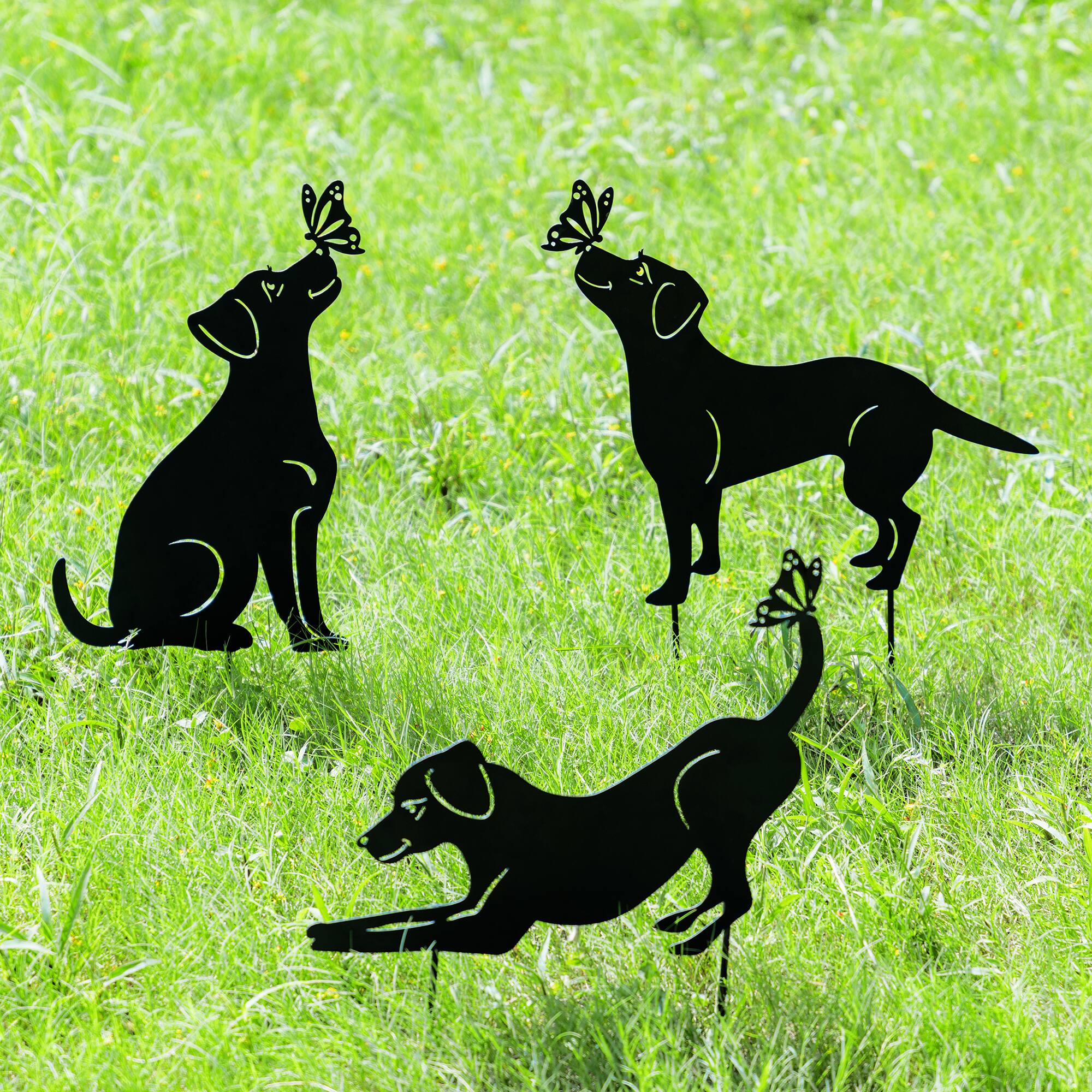 Glitzhome® 20" 2-in-1 Set of 3 Painted Metal Dog Silhouette Garden Picks & Wall Decor